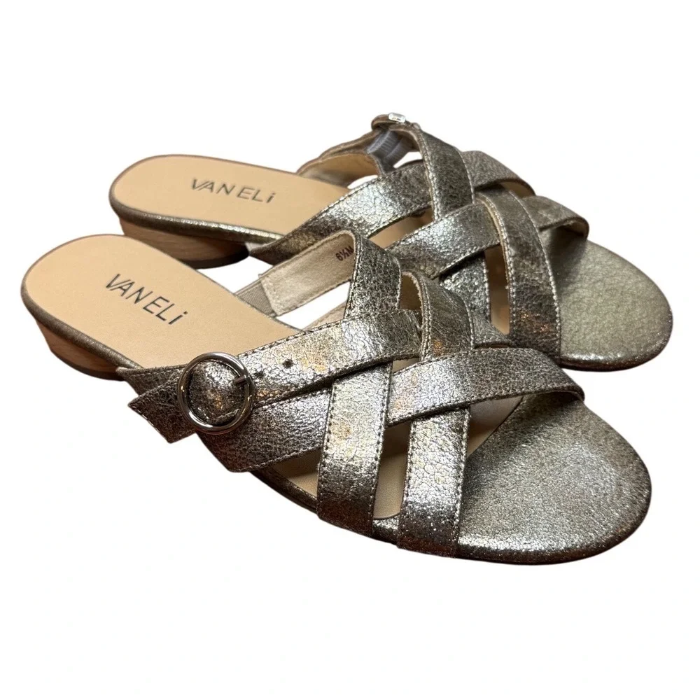 Vaneli Brogan Pale Platino Metallic Leather Slide Sandals Low Block Heel 6.5 M
